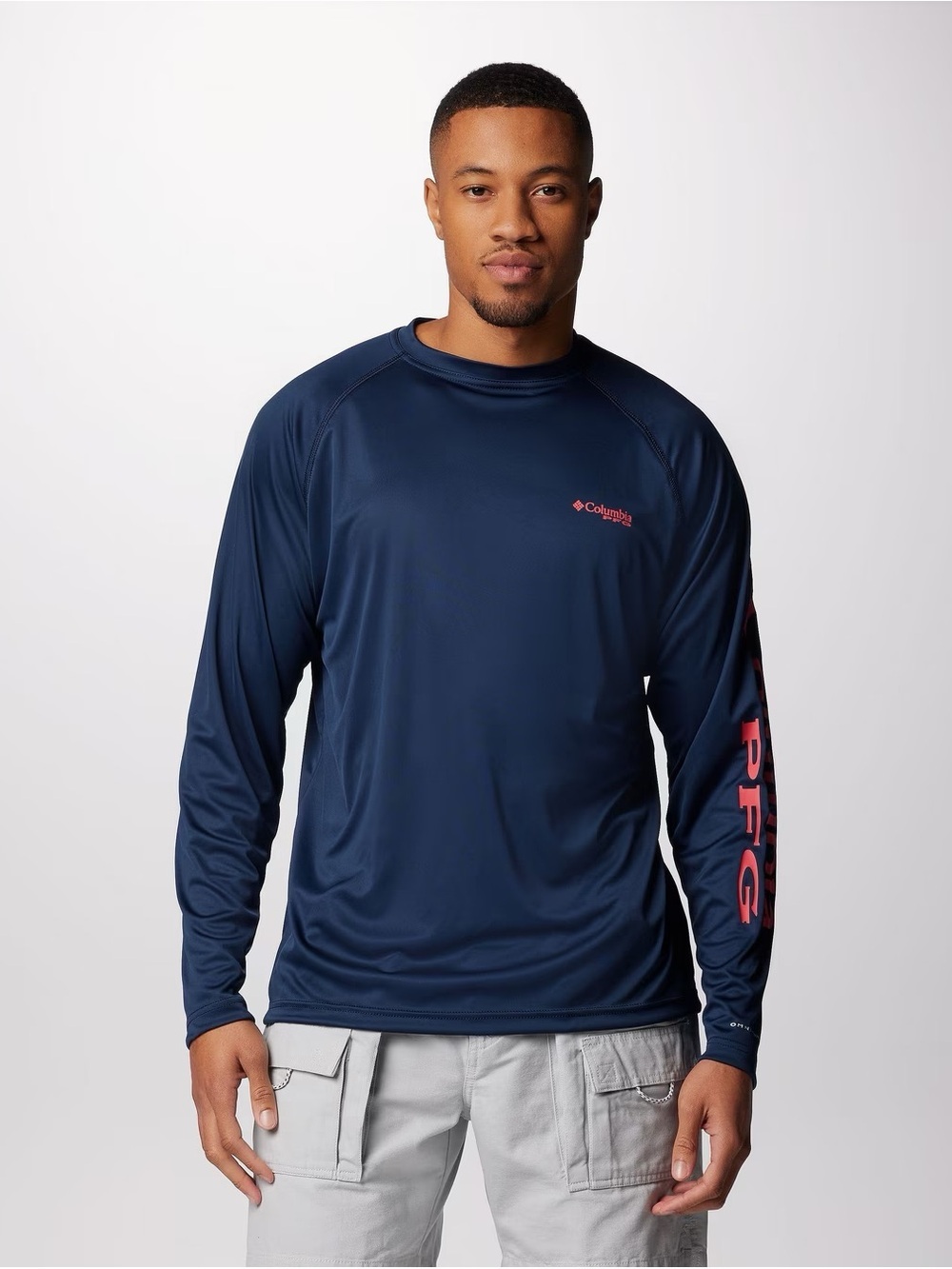 Columbia Men’s Long-Sleeve PFG Rash Guard - Navy with Pink Logo